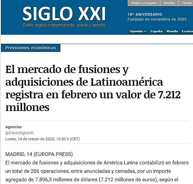 El mercado de fusiones y adquisiciones de Latinoamrica registra en febrero un valor de 7.212 millones